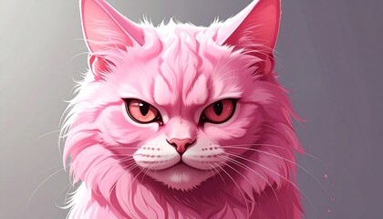 An illustrated, intense-eyed, fluffy feline portrait. Its entire form is rendered in a soft, monochromatic pink hue with details. The background fades