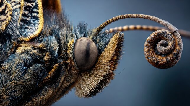 Extreme close-up of a butterfly's eye, antennae, and textured head with brown and gray hues