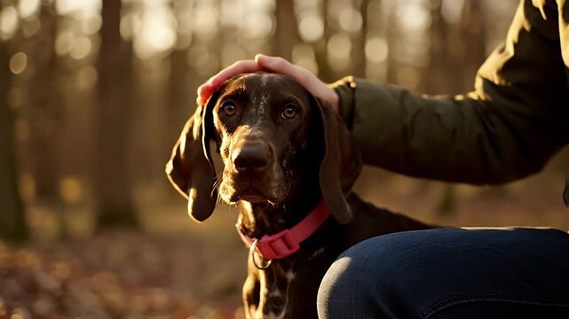 Brown German Shorthaired Pointer Dog Being Petted by a Person Wearing a Green Jacket and Blue Jeans in a Forest During Golden Hour With Bokeh Lights