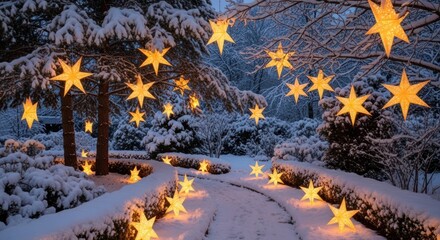 Glowing christmas stars adorn snow covered trees and pathway in winter landscape