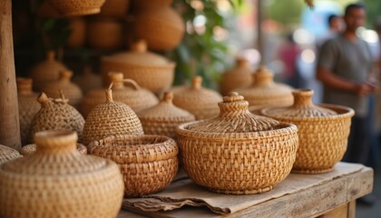 Woven bamboo containers displayed on market table. Artisanal craft goods offer natural storage and decor. Local sale of handmade baskets, traditional Asian craftsmanship.