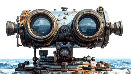 An old, weathered, industrial-looking binocular instrument, possibly for seafaring. Rust covers most of its metallic components. A sea horizon is reflected in the lenses