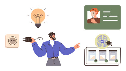 Man connects plug to lightbulb symbolizing ideas, AI in workflow automation, ID verification, and innovation. Ideal for technology, innovation, productivity, education, creativity automation