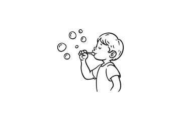 A young boy blowing bubbles a simple black and white illustration