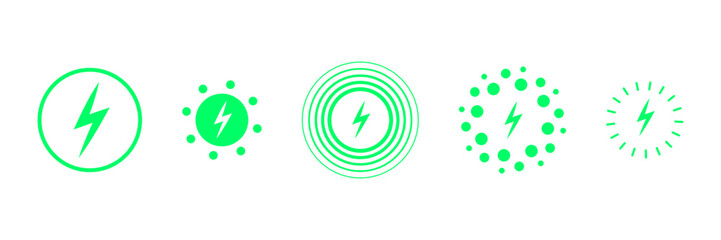 Set of energy icons with lightning bolts in circles and patterns. Symbols represent power, electricity, voltage, and eco-friendly energy. Vector illustration isolated.