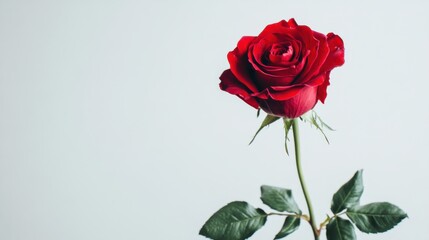 Fototapeta premium Red rose stands elegantly against a light background, showcasing its delicate petals and vibrant color in a serene setting