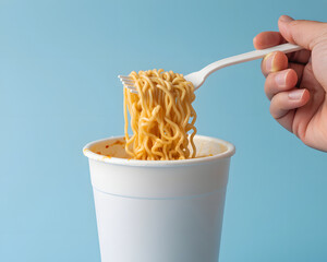 Enjoying a tasty cup of instant noodles with a fork on a blue backdrop for a quick and satisfying meal, perfect for busy lifestyles and easy snacks