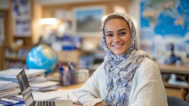 114Portrait of a young Muslim teacher at her desk, laptop open with notes scattered around, classroom globe and maps in the background - Powered by Adobe