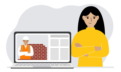 A man with a laptop and a construction company website. Concept of online search and finding construction or repair services.