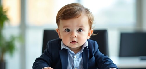 Baby in a suit sits at an office desk looking seriously. Concept of future business, success, and career. Small child in formal wear ready for work. Represents leadership and growth.