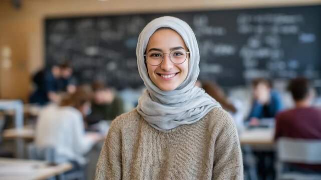 117A Muslim female teacher in a modern classroom, smiling warmly at students, chalkboard behind her filled with handwritten formulas
