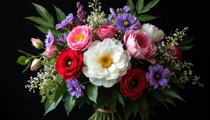 Vibrant bouquet of colorful blooms against dark backdrop. Various flowers include roses peonies daisies and other. Arrangement suits for wedding decor and gift.