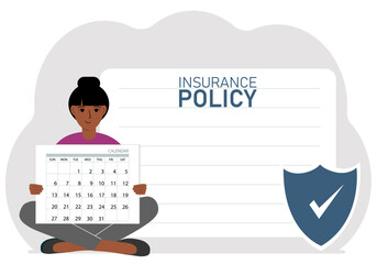 A woman holds a calendar. Next to it is a large insurance policy sign. Concept for life, property, or disaster insurance.
