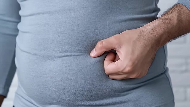 Close Up of a Person Pinching Abdominal Fat While Wearing a Light Blue Long Sleeved Shirt Indoors With Neutral Background