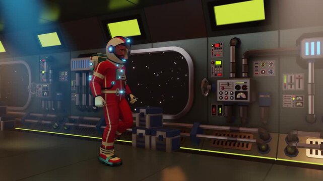 Astronaut in spacesuit walking through a space station corridor. Sci-fi space station interior. 3d looped cartoon animation