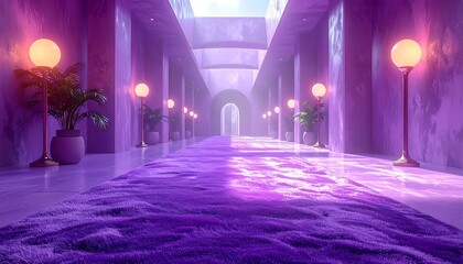An ornate, surreal, purple corridor leads towards a bright, open space, illuminated by glowing globe lights