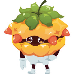 Cute Cartoon Food Character with Strawberry Accents and Leafy Green Top Full Body Standing with Eyes Wide Open and Small Hands and Feet in a Playful Pose