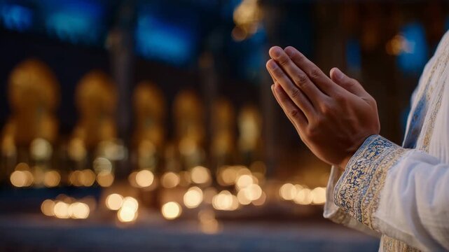 134Hands in supplication against blurred mosque arches, warm tones highlighting the sacred and peaceful atmosphere