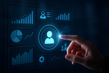 Futuristic Business Analytics Interface – Hand Interacting with Holographic Data Dashboard and HR Insights Visualization.