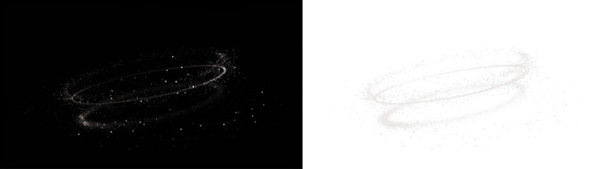 Abstract PNG overlay featuring swirling particles on contrasting black and white backgrounds, creating a dynamic visual effect for creative design projects and artistic applications