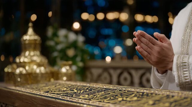 148Muslim hands in supplication, mosque minbar and delicate calligraphy in the softly lit background