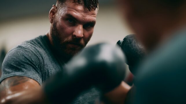 A focused boxer with a beard wears gloves preparing for a punch in an intense training session