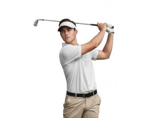 Golfer swinging club isolated on transparent background