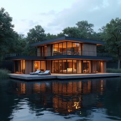 Obraz premium Modern house stands on tranquil lake at twilight. Luxury home large glass windows, wood facade, spacious deck. Warm interior lights glow, reflecting in calm water. Nature surrounds peaceful