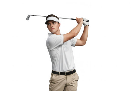 Golfer swinging club isolated on transparent background