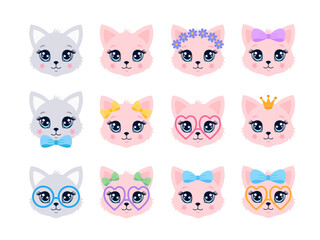 Fototapeta premium Set of cute kawaii kitten heads: grey and pink cartoon cats with glasses, bows, crown, and flower wreath