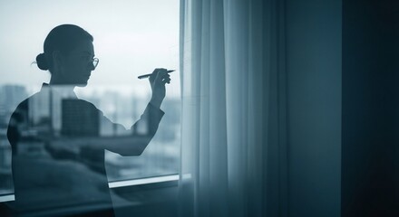 Fototapeta premium Silhouette of a woman writing on a glass window in a modern office with cityscape view