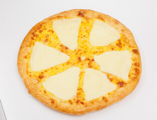 A freshly baked Georgian Khachapuri with melted Sulguni cheese atop a golden crust, set on a clean white surface