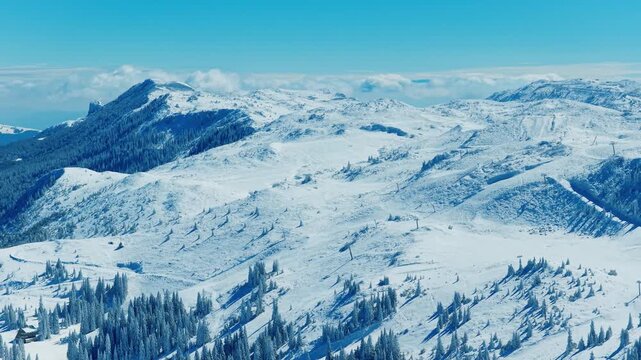 Drone footage above snowy peaks and pine forests on a sunny winter day showing natural alpine beauty