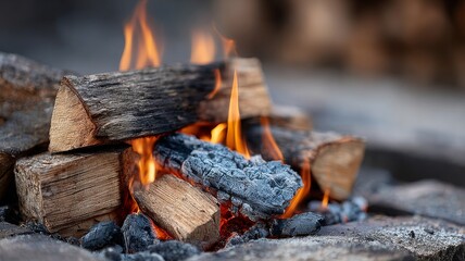 close-up of crackling fireplace, flames licking dry oak, sparks and ember trails,