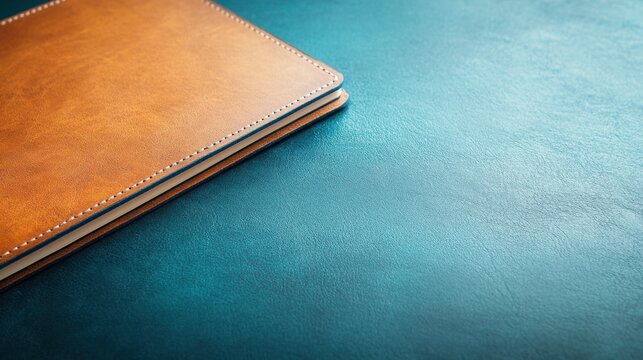 Craftsmanship shines in a close-up view of a leather journal on a textured blue background