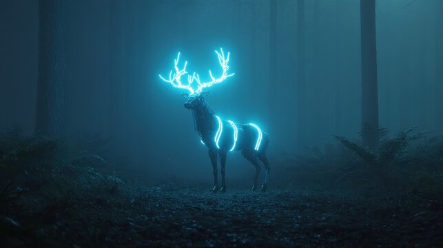 Glowing deer in misty forest