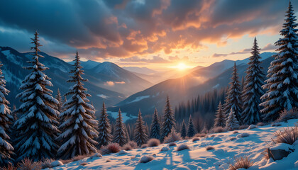 Winter mountain sunset with snow and forest