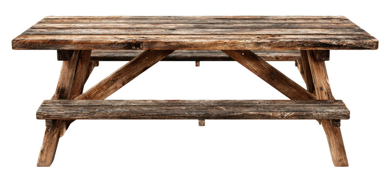 Weathered picnic table, planks and legs, wood grain, rustic, empty, and ready for relaxation