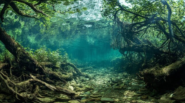 Underwater view Sunlight filters through a clear stream, highlighting submerged roots, rocks, and lush vegetation