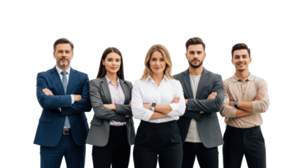 A diverse team of five confident business professionals, 2 women and 3 men, 20s-40s, in smart suits, arms crossed, on a white studio background. Concept of corporate success and collaboration