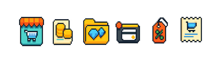 Retro, pixel art e-commerce icon set. Shopping, online store, payment pixel icons