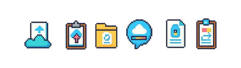 Obraz premium Cloud storage flat icon set. Upload, download, folder, data pixel icons collection