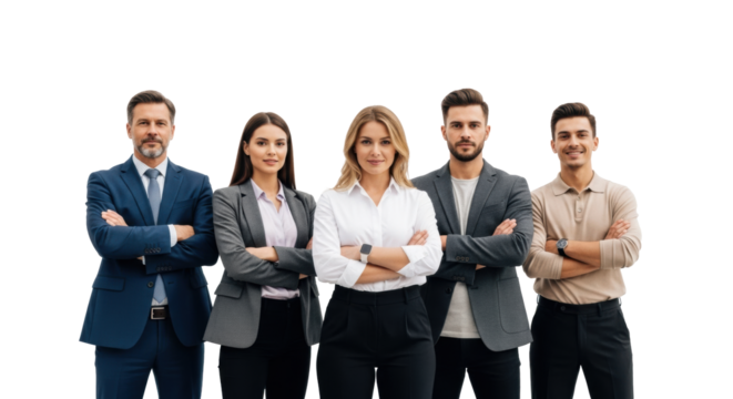 A diverse team of five confident business professionals, 2 women and 3 men, 20s-40s, in smart suits, arms crossed, on a white studio background. Concept of corporate success and collaboration