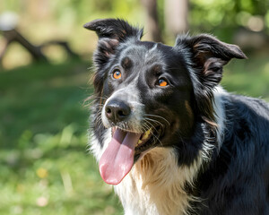 Happy border collie looking up with bright eyes and tongue out, perfect for pet care marketing or outdoor lifestyle promotions, black and white fur