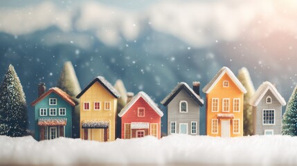 Miniature Colorful Houses in Snowy Winter Scene with Background of Soft Focus Mountains in Dreamy Effect