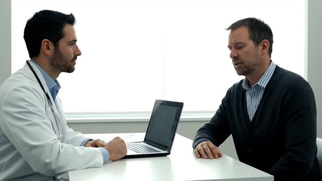 Doctor In White Lab Coat Consulting With Male Patient Sitting Across Table In Brightly Lit Consultation Room With Laptop Open Discussing Medical Health Care