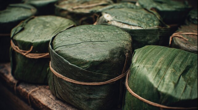 Green banana leaves tied with twine
