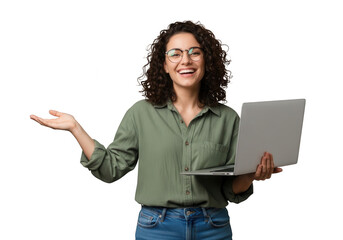 Smiling woman curly hair wearing glasses holding a laptop gesturing isolated on transparent background
