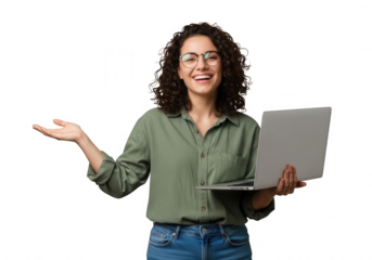Smiling woman curly hair wearing glasses holding a laptop gesturing isolated on transparent background