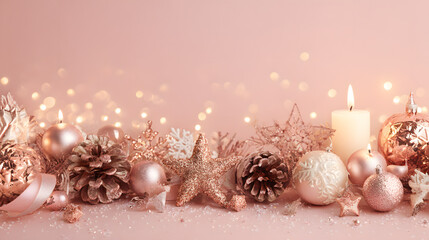 Elegant rose gold Christmas background with festive decorations